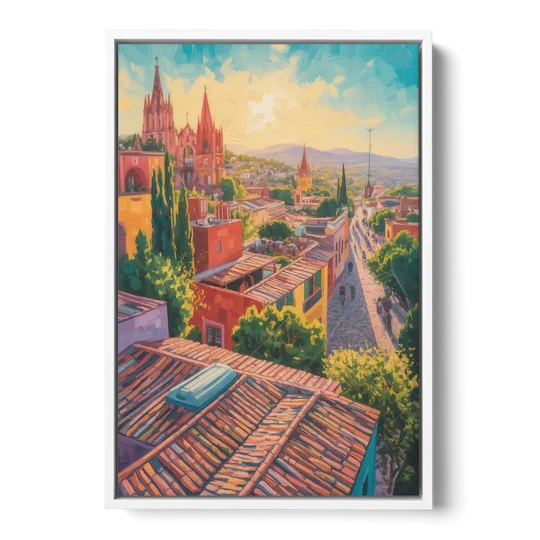 San Miguel Rooftops - White Framed Canvas Wall Art - Front