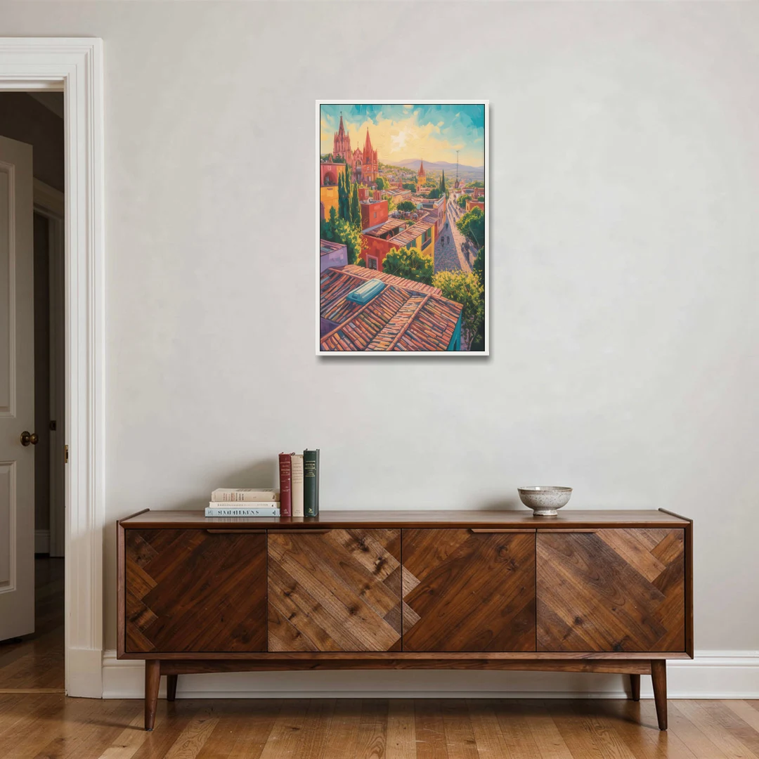 San Miguel Rooftops - White Framed Canvas Wall Art - Coffee Table - 24x36