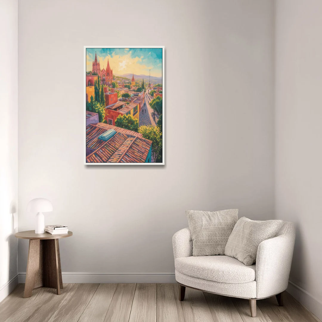 San Miguel Rooftops - White Framed Canvas Wall Art - Sofa - 24x36
