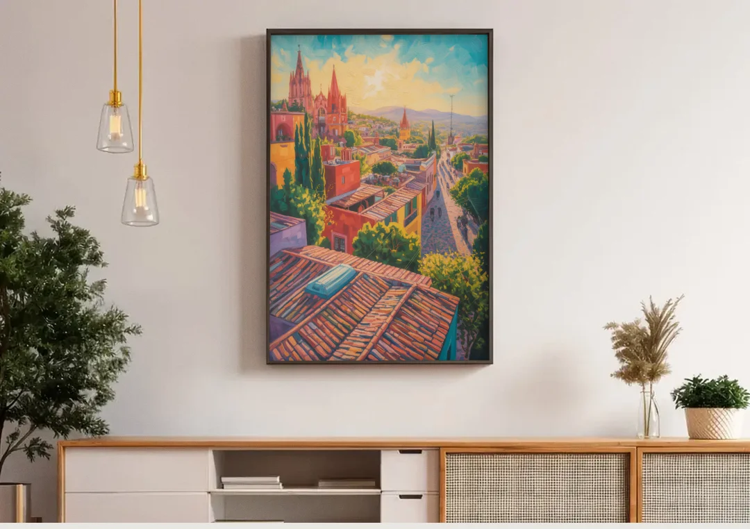 San Miguel Rooftops canvas wall art above a wooden sideboard under pendant lights