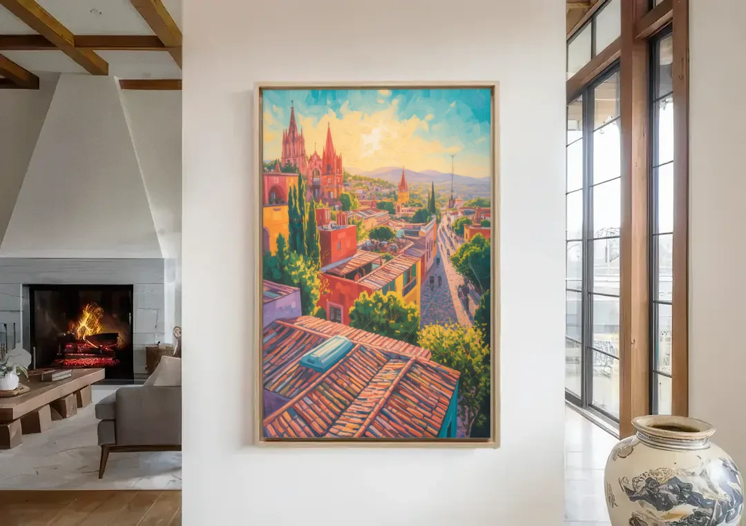 San Miguel Rooftops canvas wall art in a living room with a fireplace