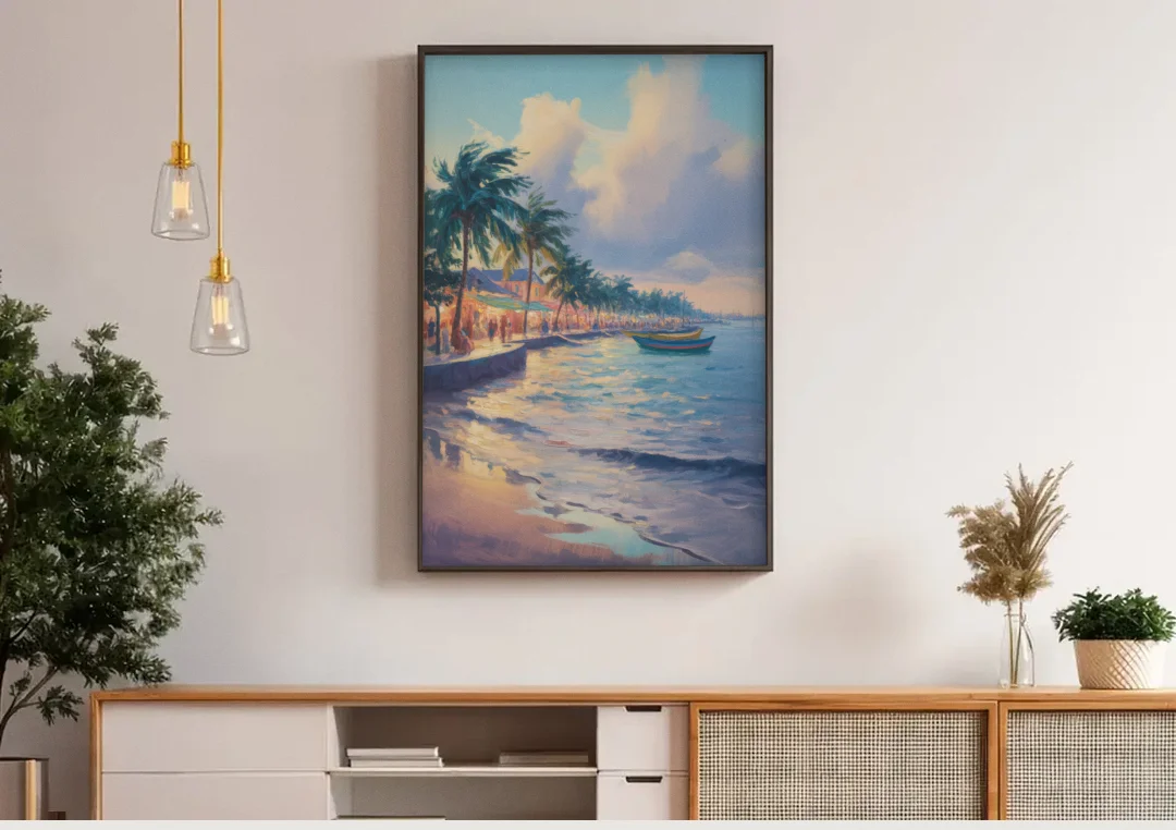 San Miguel Waterfront canvas wall art above a wooden sideboard under pendant lights