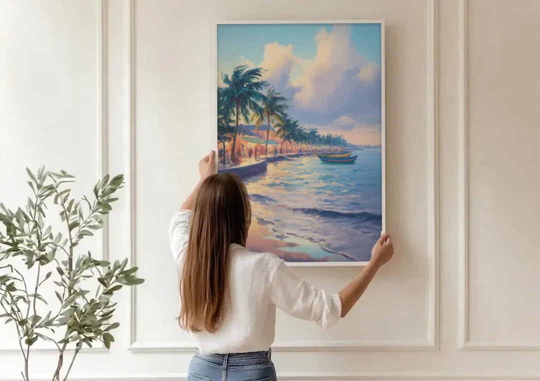 San Miguel Waterfront canvas wall art being hung on a paneled wall