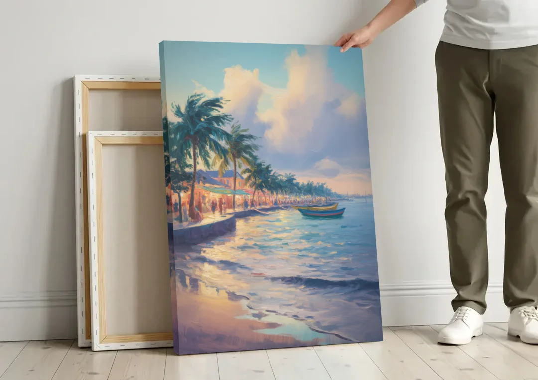 San Miguel Waterfront canvas wall art leaning against a wall next to blank canvases