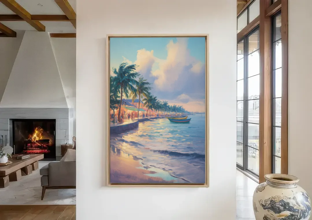 San Miguel Waterfront canvas wall art in a living room with a fireplace