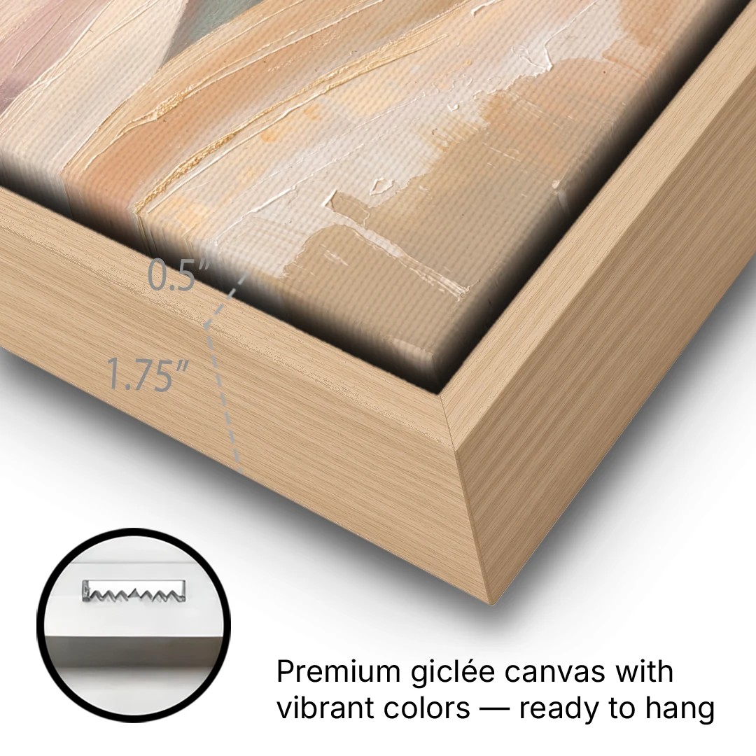 Neutral Sand and Sage Mountain Highlands - Oak Framed Canvas Wall Art - Gallery Wrap Corner