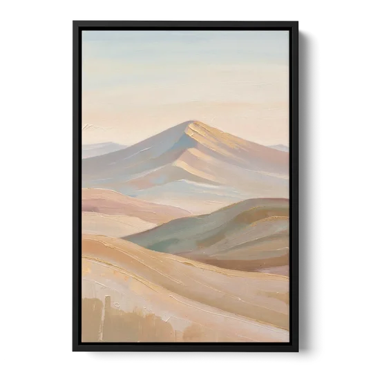 Neutral Sand and Sage Mountain Highlands - Black Framed Canvas Wall Art - Front