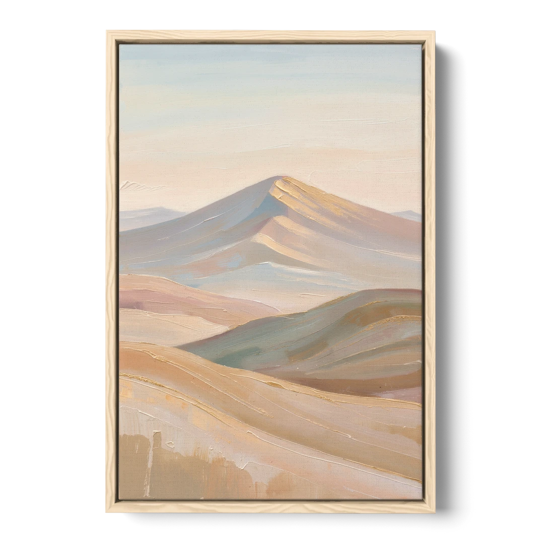 Neutral Sand and Sage Mountain Highlands - Oak Framed Canvas Wall Art - Front