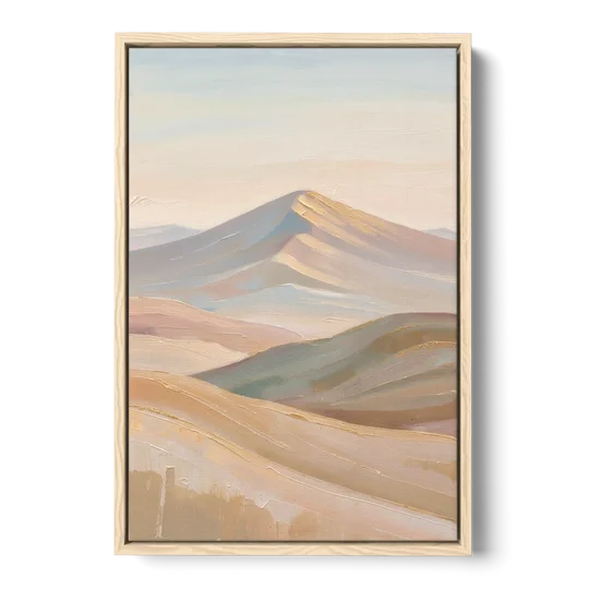 Neutral Sand and Sage Mountain Highlands - Oak Framed Canvas Wall Art - Front
