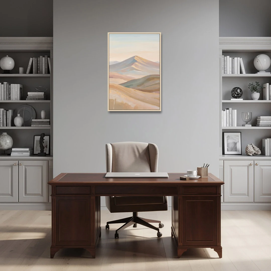 Neutral Sand and Sage Mountain Highlands - Oak Framed Canvas Wall Art - Office - 24x36