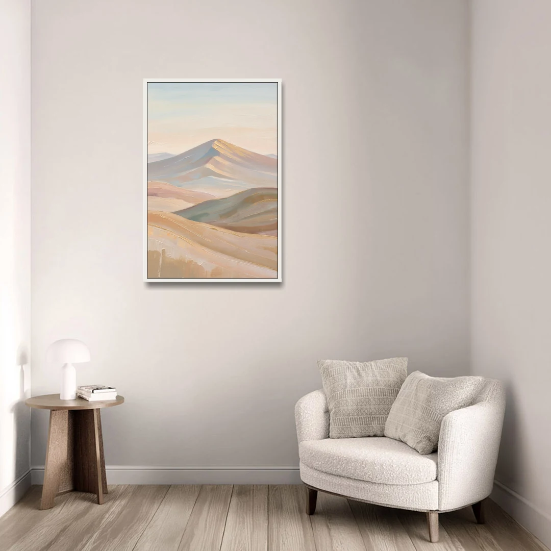 Neutral Sand and Sage Mountain Highlands - White Framed Canvas Wall Art - Sofa - 24x36
