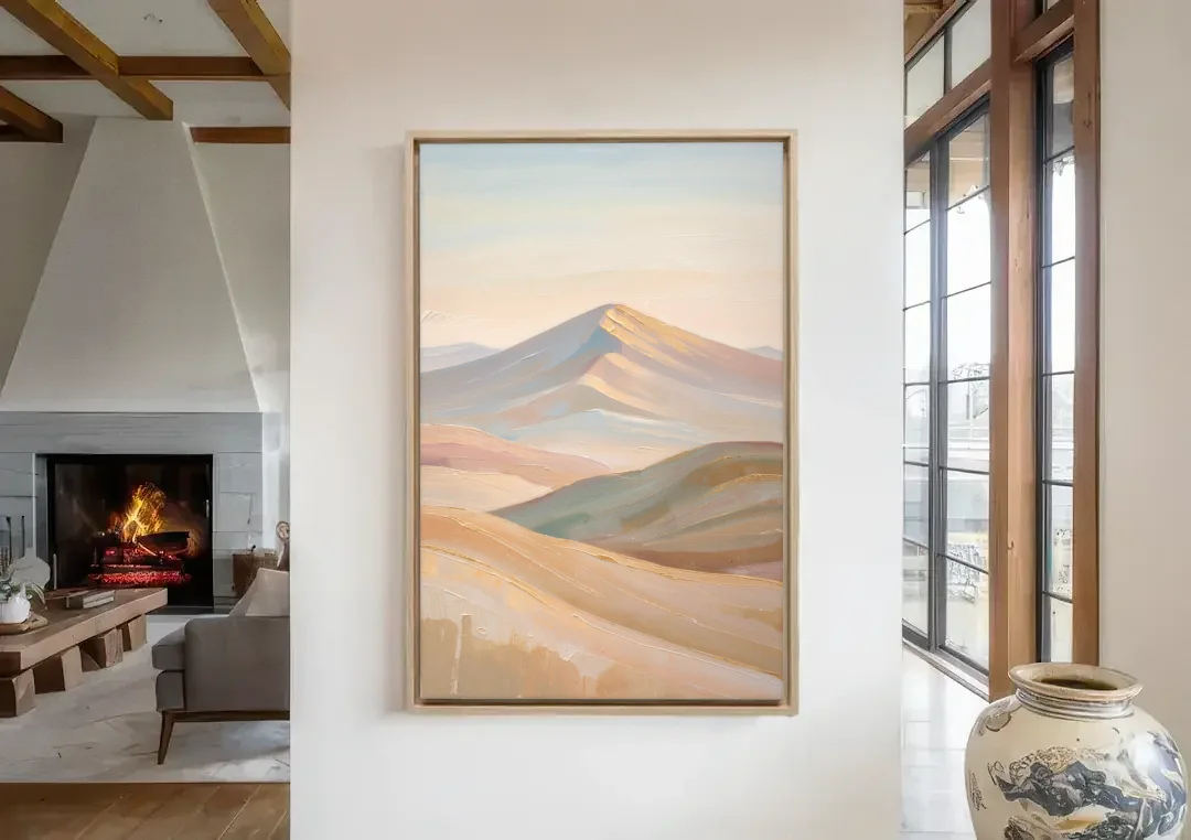 Neutral Sand and Sage Mountain Highlands canvas wall art in a living room with a fireplace