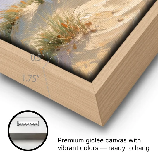 Sand Dunes and Beach Grass Under Lavender Clouds - Oak Framed Canvas Wall Art - Gallery Wrap Corner