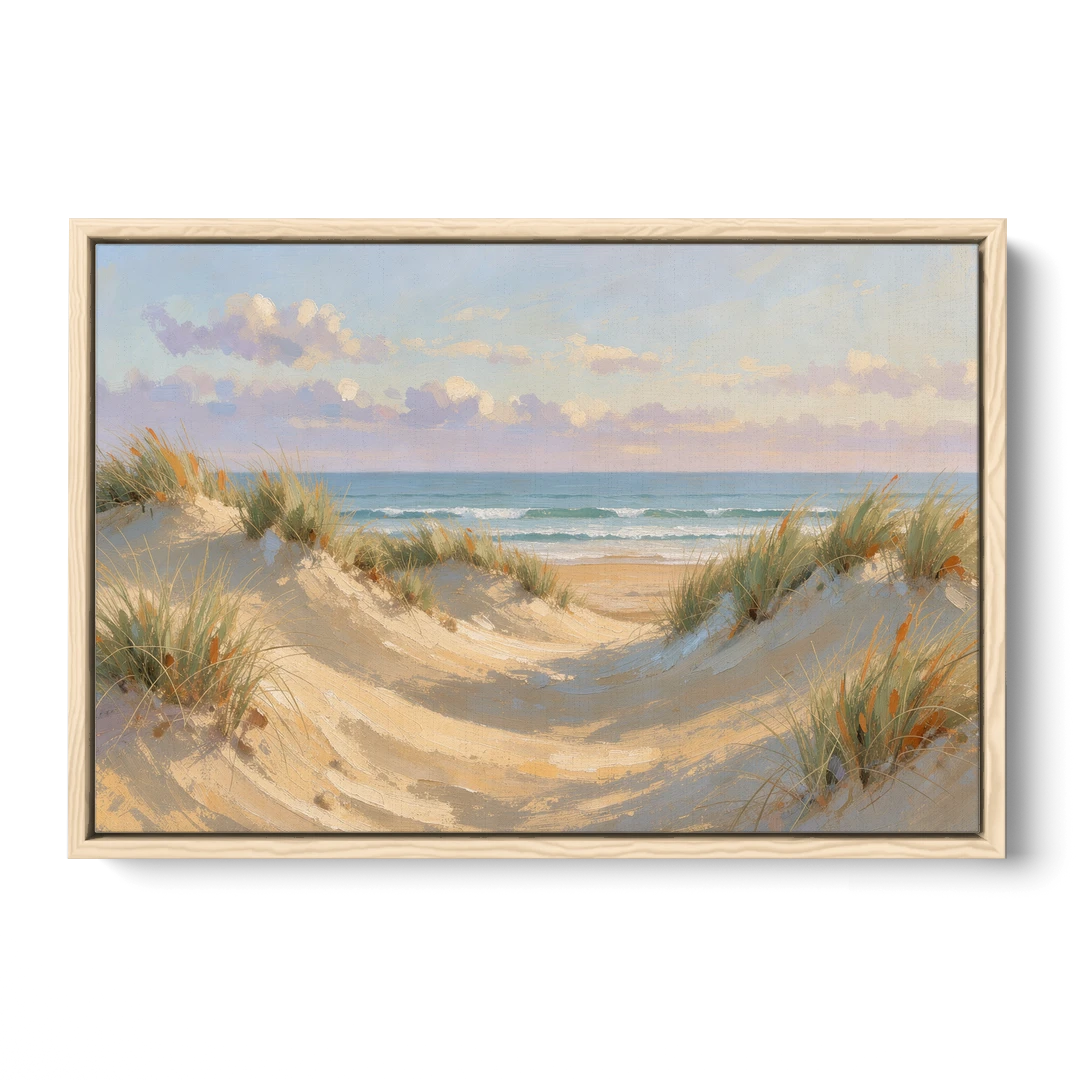 Sand Dunes and Beach Grass Under Lavender Clouds - Oak Framed Canvas Wall Art - Front