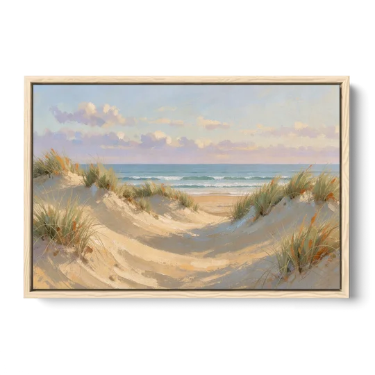 Sand Dunes and Beach Grass Under Lavender Clouds - Oak Framed Canvas Wall Art - Front