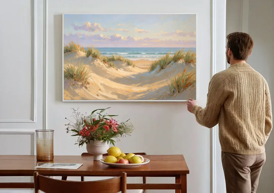 Sand Dunes and Beach Grass Under Lavender Clouds canvas wall art above a dining table