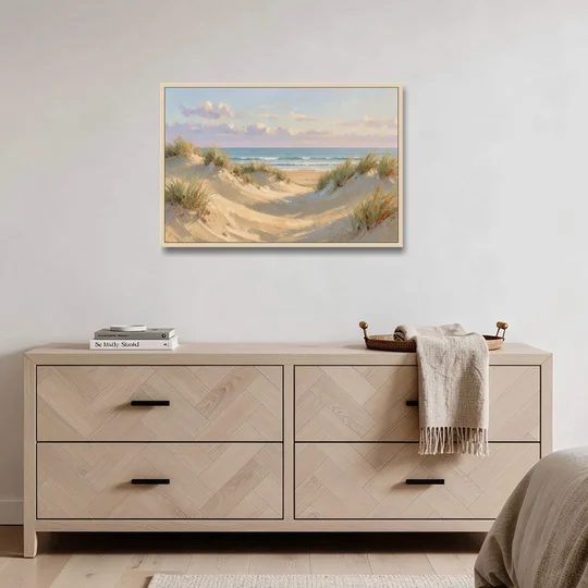 Sand Dunes and Beach Grass Under Lavender Clouds - Oak Framed Canvas Wall Art - Coffee Table - 36x24