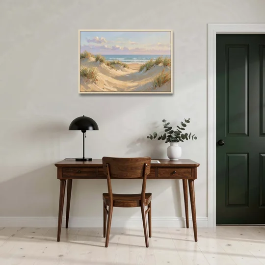 Sand Dunes and Beach Grass Under Lavender Clouds - Oak Framed Canvas Wall Art - Office - 36x24