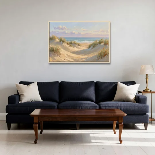 Sand Dunes and Beach Grass Under Lavender Clouds - Oak Framed Canvas Wall Art - Sofa - 36x24