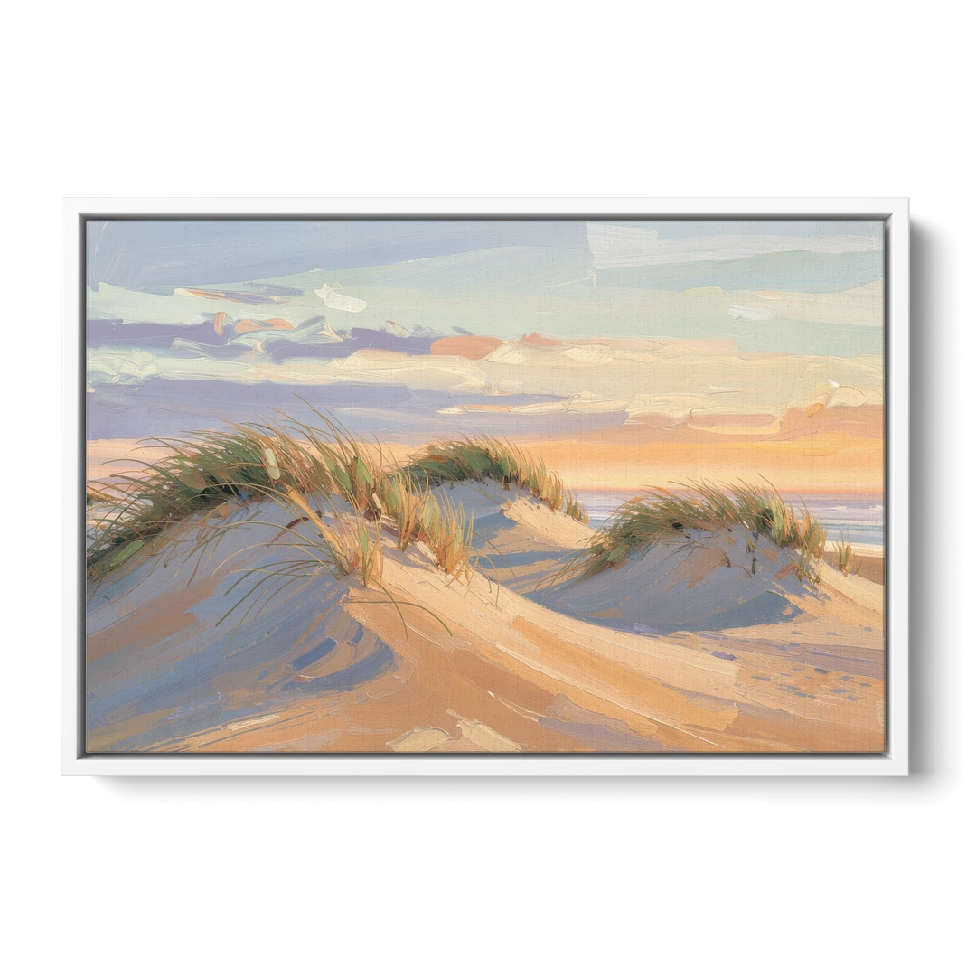 Sand Dunes Painting at Lavender Dusk - White Framed Canvas Wall Art - Front
