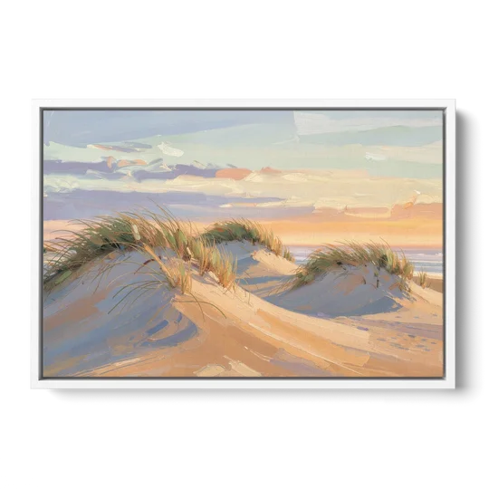 Sand Dunes Painting at Lavender Dusk - White Framed Canvas Wall Art - Front