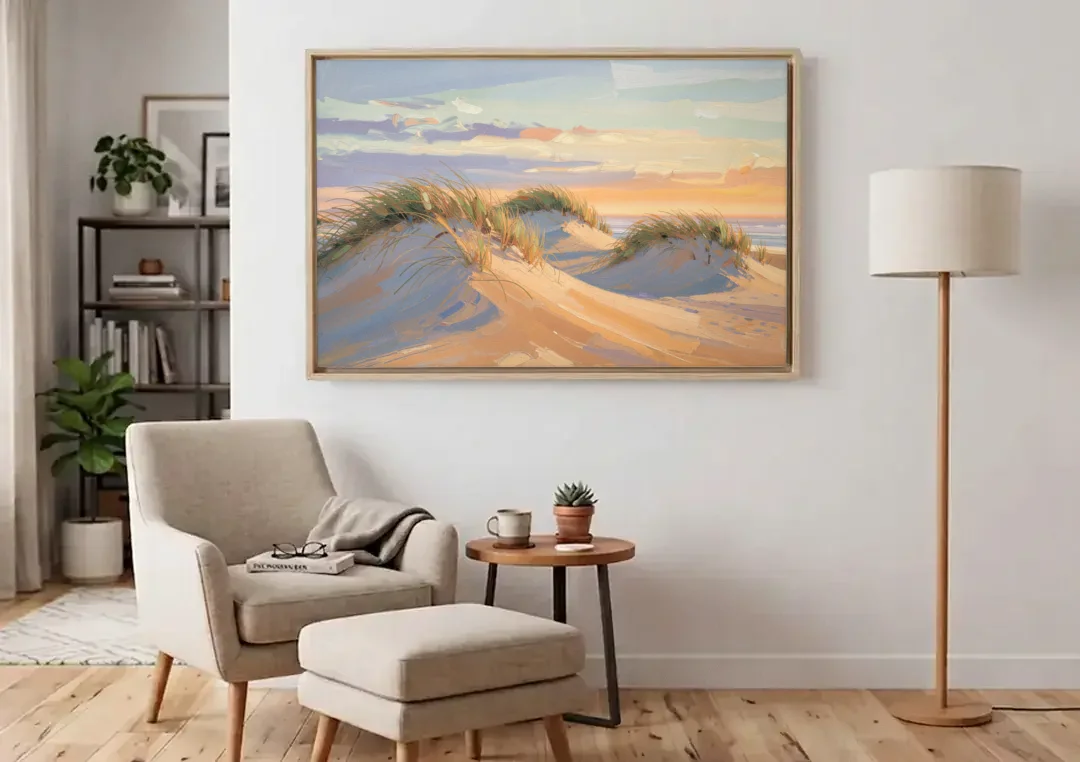 Sand Dunes Painting at Lavender Dusk canvas wall art above an armchair in a bright living room
