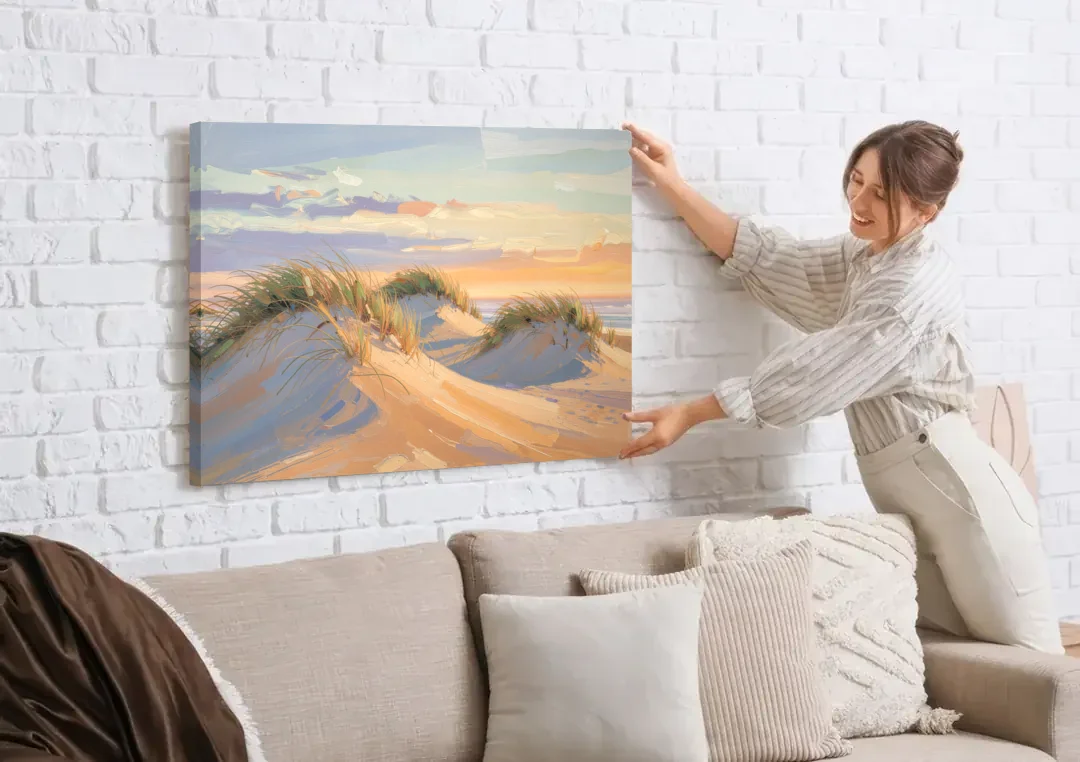 Sand Dunes Painting at Lavender Dusk canvas wall art being hung on a white brick wall above a sofa