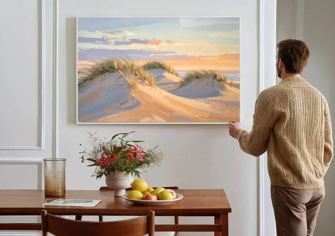 Sand Dunes Painting at Lavender Dusk canvas wall art above a dining table