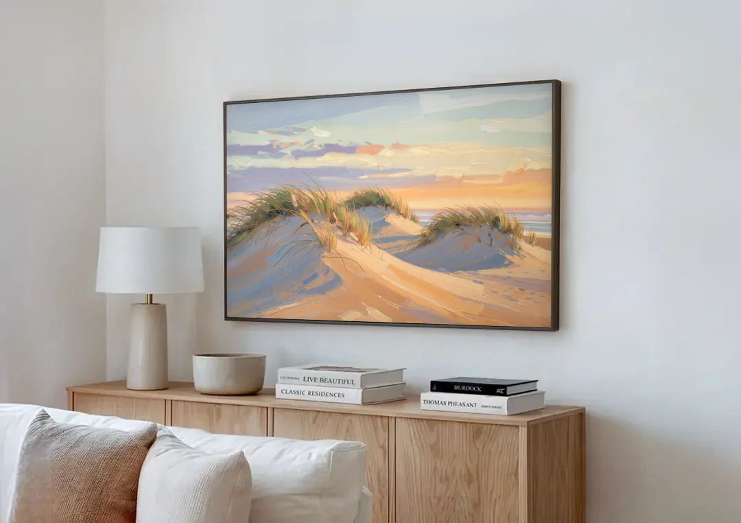 Sand Dunes Painting at Lavender Dusk canvas wall art above a wooden sideboard next to a sofa