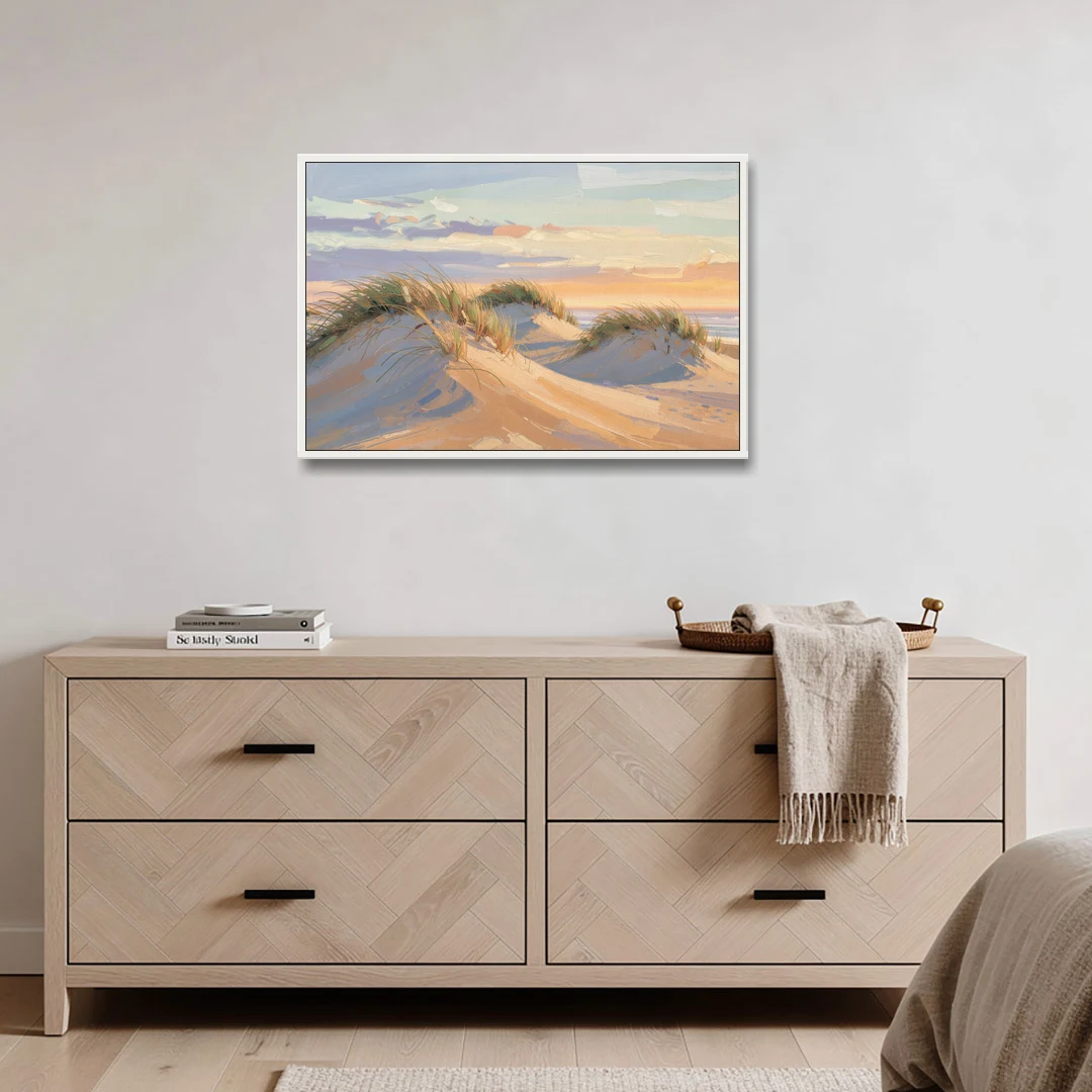 Sand Dunes Painting at Lavender Dusk - White Framed Canvas Wall Art - Coffee Table - 36x24