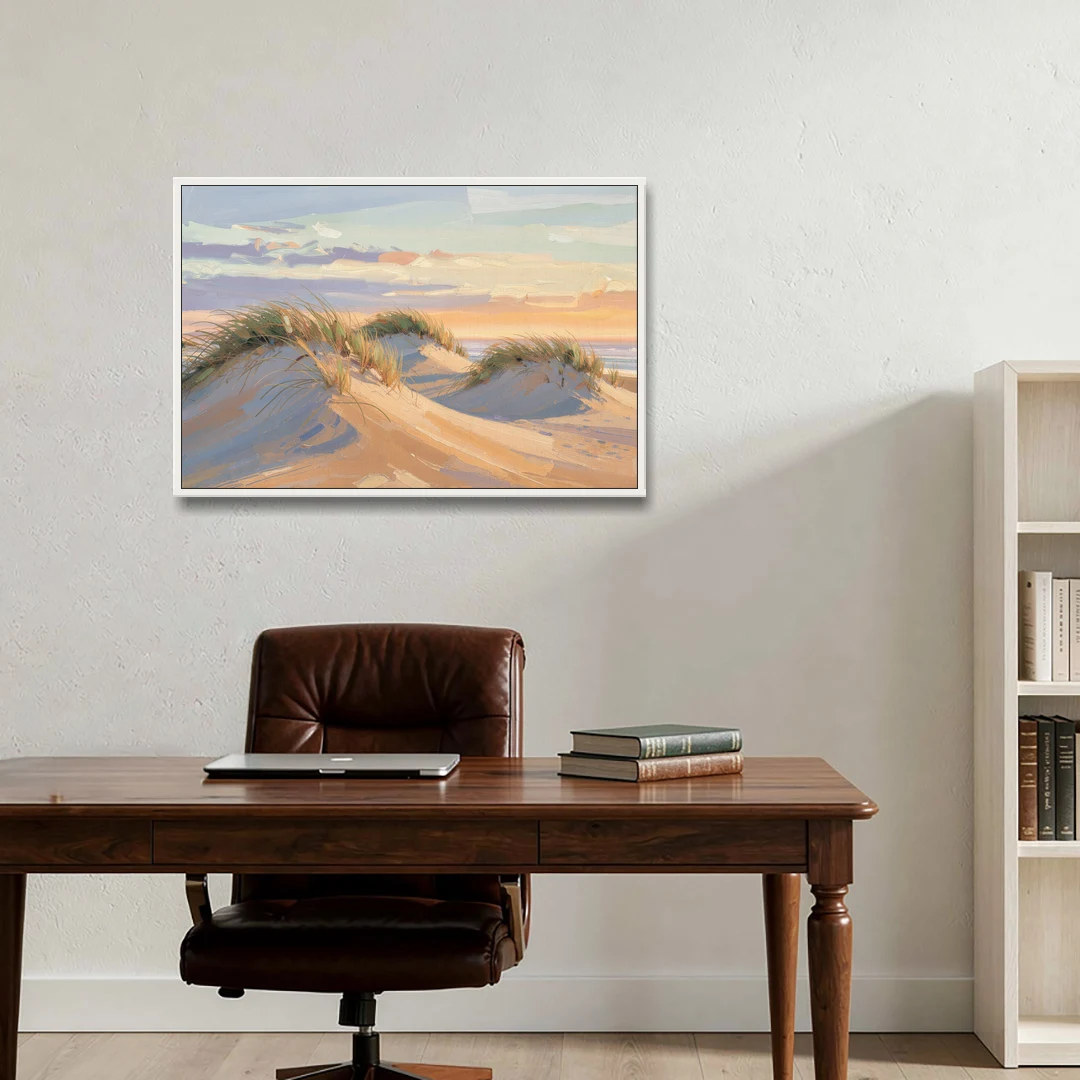 Sand Dunes Painting at Lavender Dusk - White Framed Canvas Wall Art - Office - 36x24