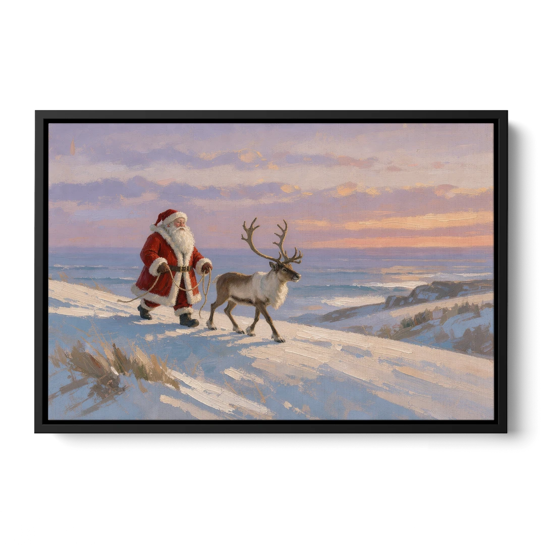 Christmas Santa and Reindeer at Twilight - Black Framed Canvas Wall Art - Front