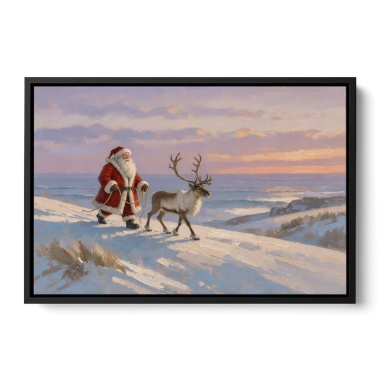 Christmas Santa and Reindeer at Twilight - Black Framed Canvas Wall Art - Front