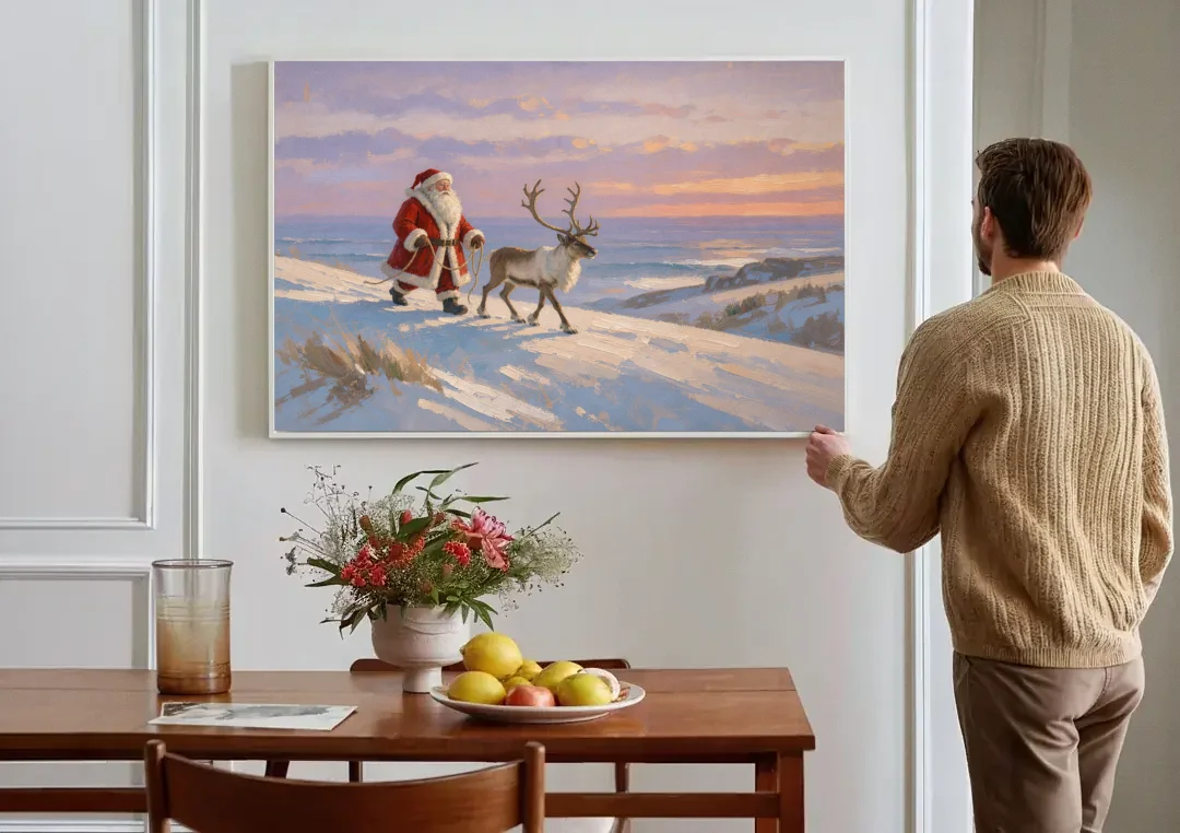 Christmas Santa and Reindeer at Twilight canvas wall art above a dining table