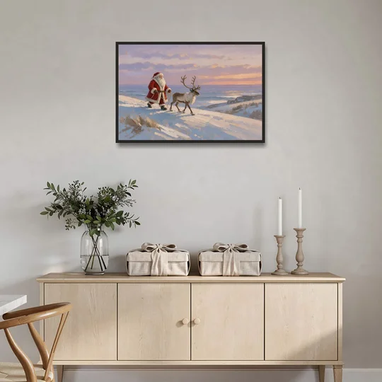 Christmas Santa and Reindeer at Twilight - Black Framed Canvas Wall Art - Coffee Table - 36x24