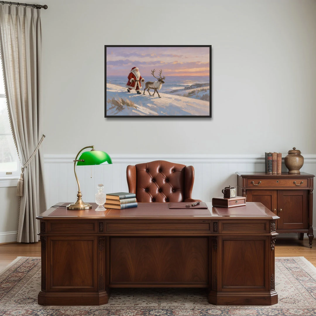 Christmas Santa and Reindeer at Twilight - Black Framed Canvas Wall Art - Office - 36x24