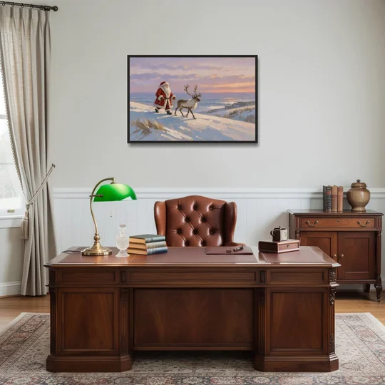 Christmas Santa and Reindeer at Twilight - Black Framed Canvas Wall Art - Office - 36x24
