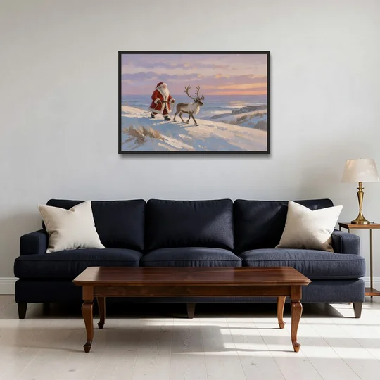 Christmas Santa and Reindeer at Twilight - Black Framed Canvas Wall Art - Sofa - 36x24