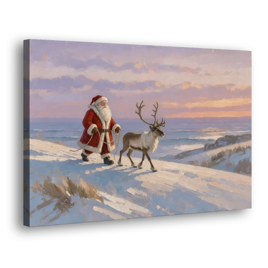 Christmas Santa and Reindeer at Twilight - Canvas Wall Art - Side