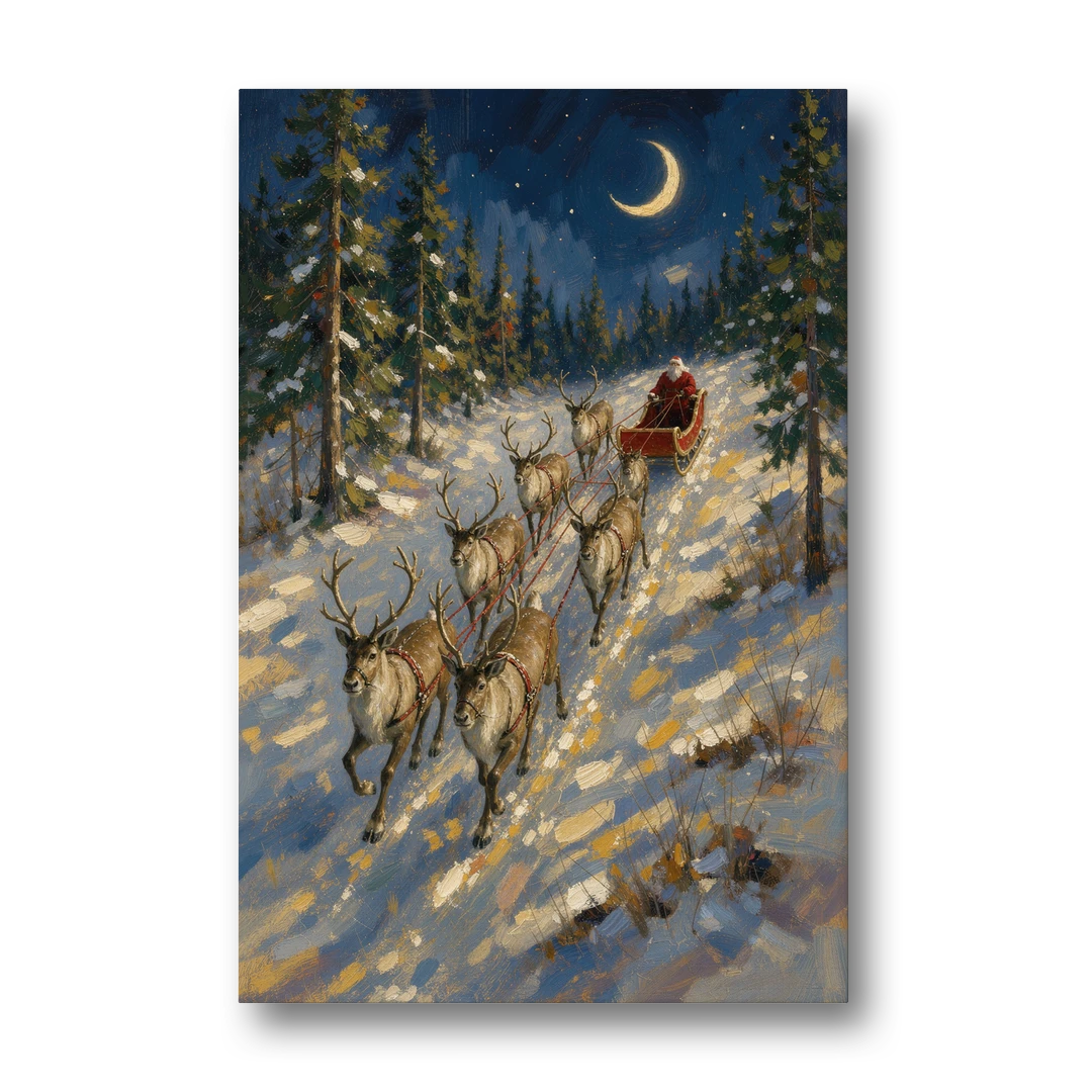 Santa and Reindeer Canvas Climbing to the Crescent Moon - Canvas Wall Art - Front