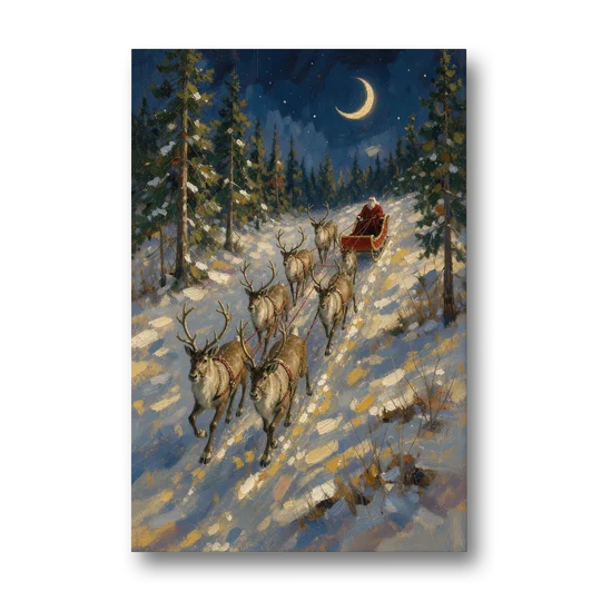 Santa and Reindeer Canvas Climbing to the Crescent Moon - Canvas Wall Art - Front