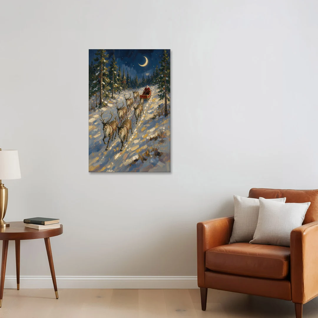 Santa and Reindeer Canvas Climbing to the Crescent Moon - Canvas Wall Art - Sofa - 24x36