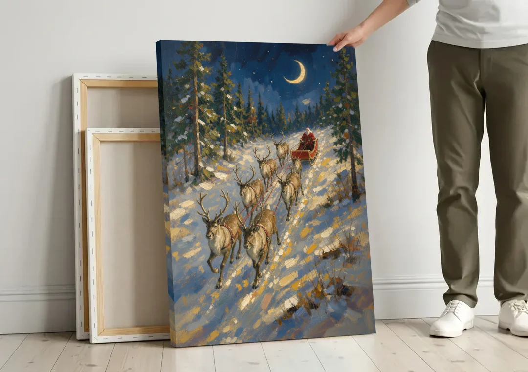 Santa and Reindeer Canvas Climbing to the Crescent Moon canvas wall art leaning against a wall next to blank canvases