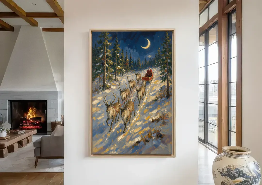 Santa and Reindeer Canvas Climbing to the Crescent Moon canvas wall art in a living room with a fireplace