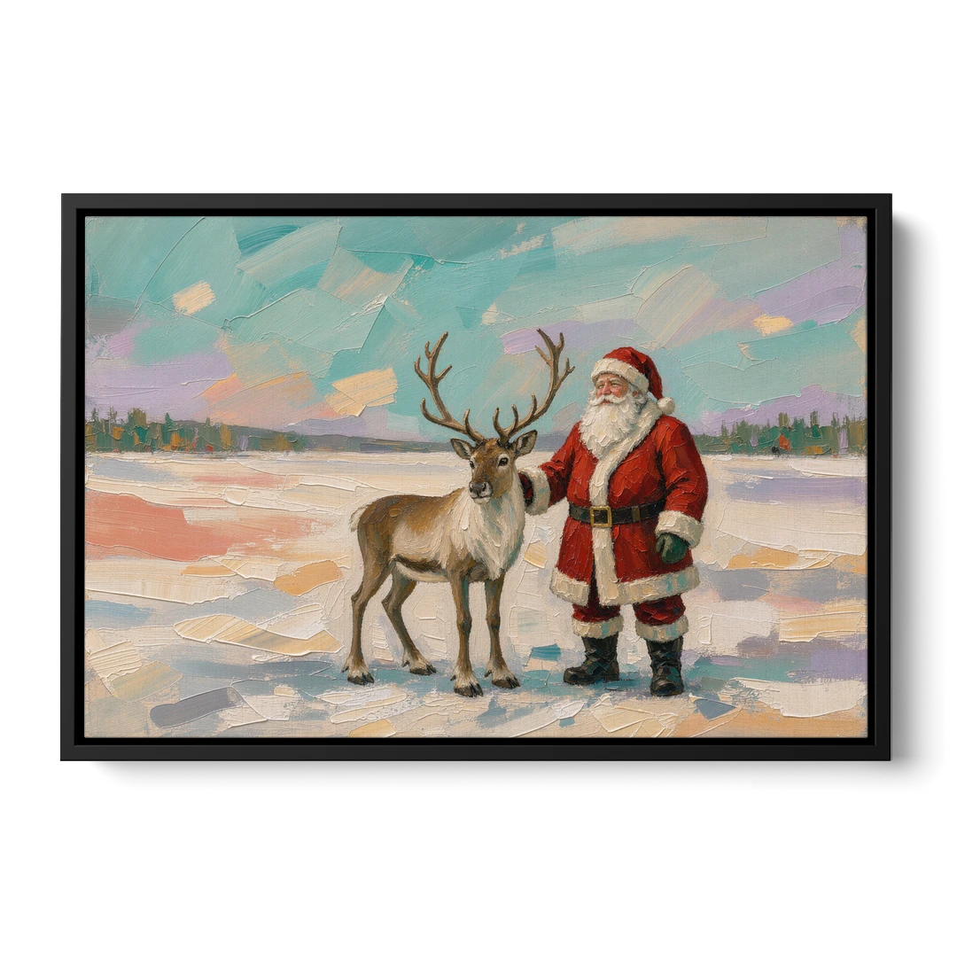 Santa and Reindeer Painting on the Open Snow - Black Framed Canvas Wall Art - Front