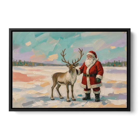 Santa and Reindeer Painting on the Open Snow - Black Framed Canvas Wall Art - Front