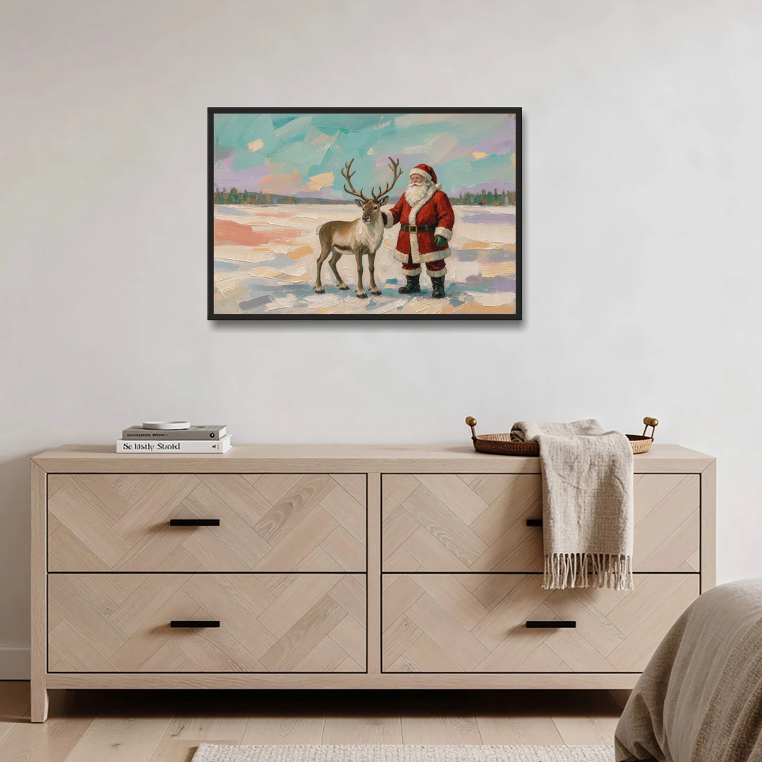 Santa and Reindeer Painting on the Open Snow - Black Framed Canvas Wall Art - Coffee Table - 36x24