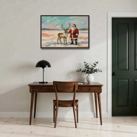 Santa and Reindeer Painting on the Open Snow - Black Framed Canvas Wall Art - Office - 36x24