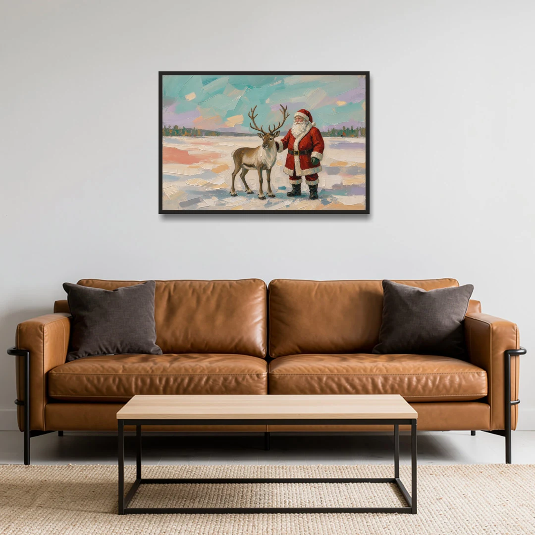 Santa and Reindeer Painting on the Open Snow - Black Framed Canvas Wall Art - Sofa - 36x24