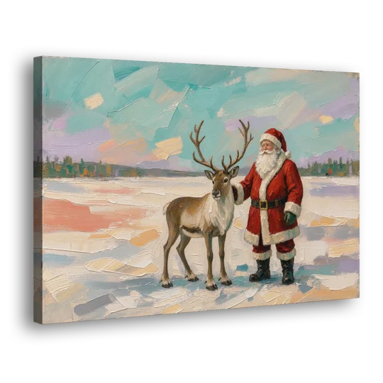 Santa and Reindeer Painting on the Open Snow - Canvas Wall Art - Side